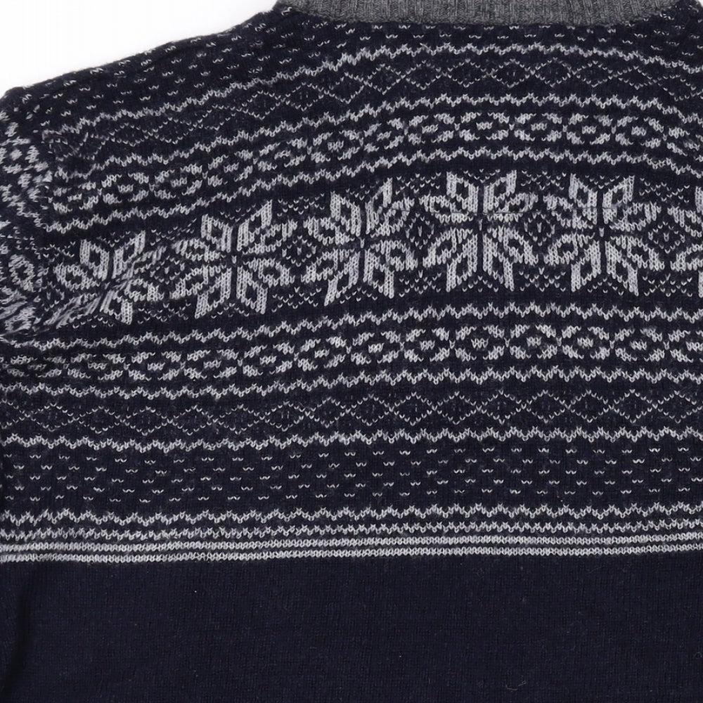 Marks and Spencer Mens Blue Mock Neck Geometric Wool Pullover Jumper Size L Long Sleeve