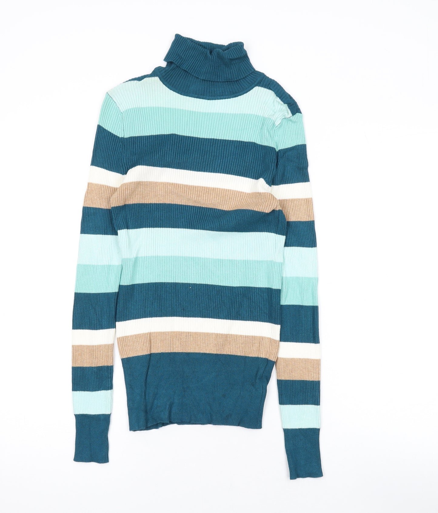 Marks and Spencer Womens Blue Roll Neck Striped Viscose Pullover Jumper Size 10