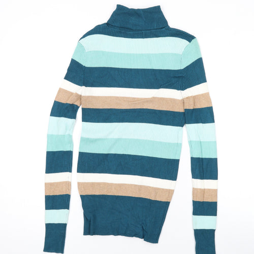 Marks and Spencer Womens Blue Roll Neck Striped Viscose Pullover Jumper Size 10