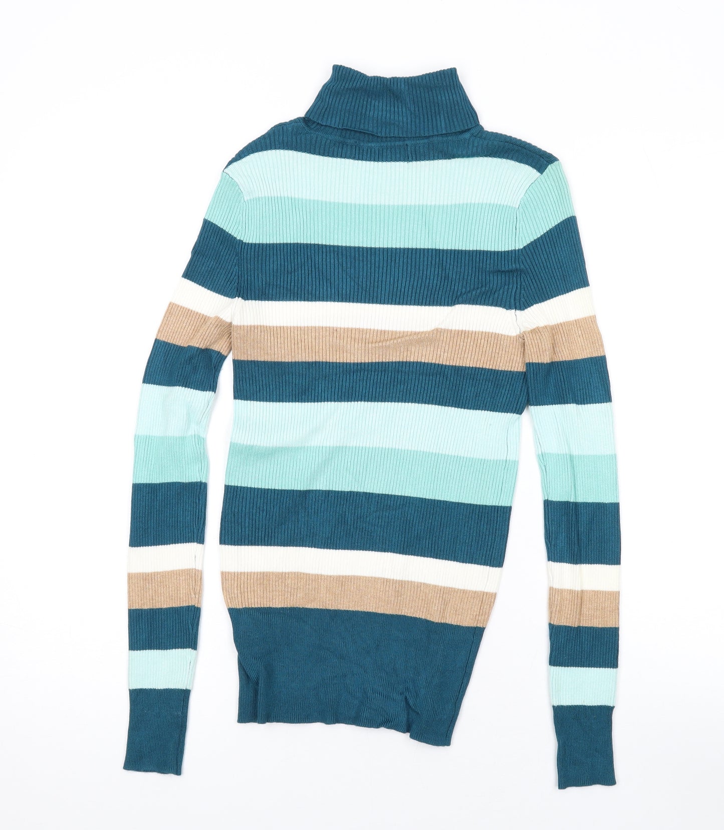 Marks and Spencer Womens Blue Roll Neck Striped Viscose Pullover Jumper Size 10