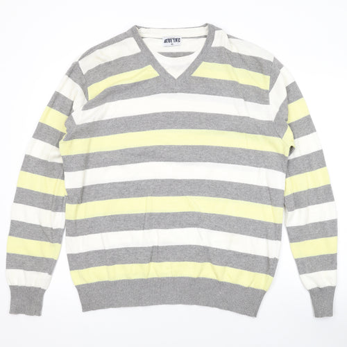 Blue Inc Mens Yellow V-Neck Striped Cotton Pullover Jumper Size XL Long Sleeve