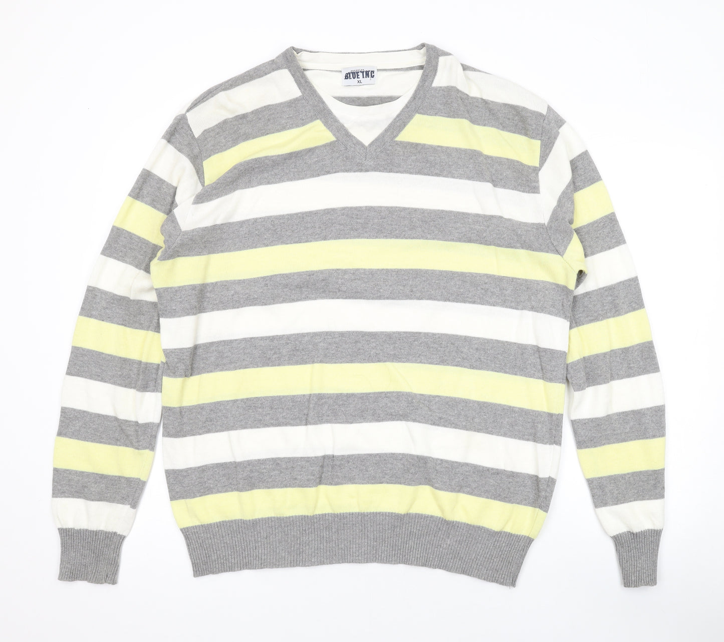 Blue Inc Mens Yellow V-Neck Striped Cotton Pullover Jumper Size XL Long Sleeve