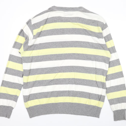 Blue Inc Mens Yellow V-Neck Striped Cotton Pullover Jumper Size XL Long Sleeve