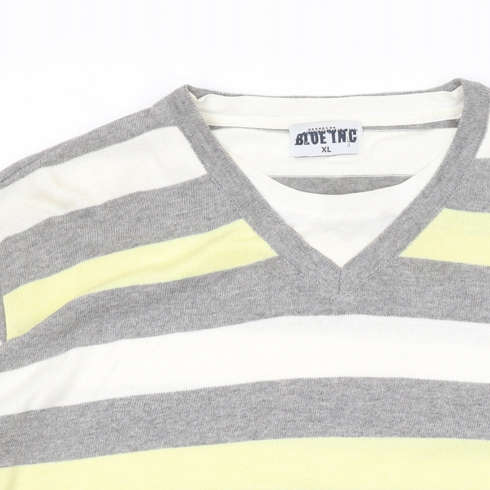 Blue Inc Mens Yellow V-Neck Striped Cotton Pullover Jumper Size XL Long Sleeve