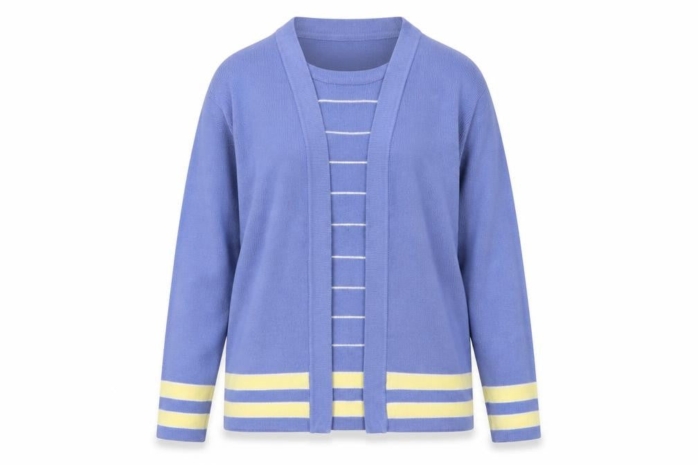 Front view of EWM women’s blue round neck striped acrylic jumper, size M