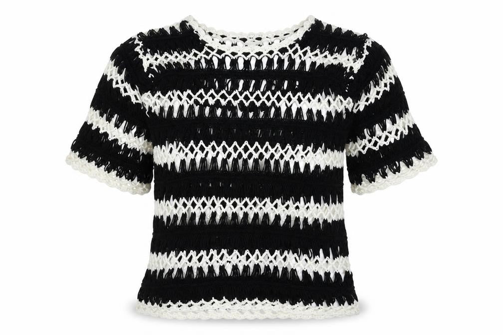 Front view of Sunshine Soul women’s black round neck striped acrylic jumper, size S