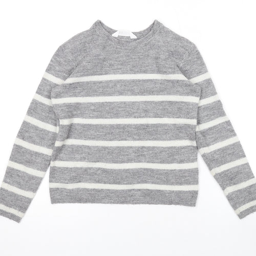 H&M Girls Grey Round Neck Striped Acrylic Pullover Jumper Size 8-9 Years Pullover