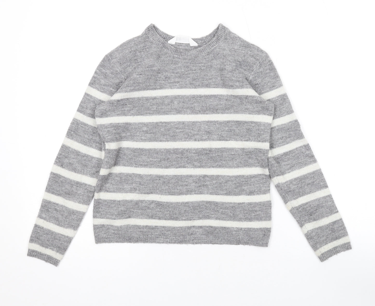 H&M Girls Grey Round Neck Striped Acrylic Pullover Jumper Size 8-9 Years Pullover