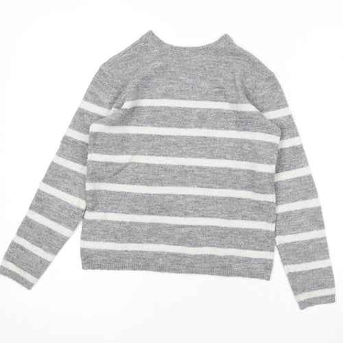 H&M Girls Grey Round Neck Striped Acrylic Pullover Jumper Size 8-9 Years Pullover