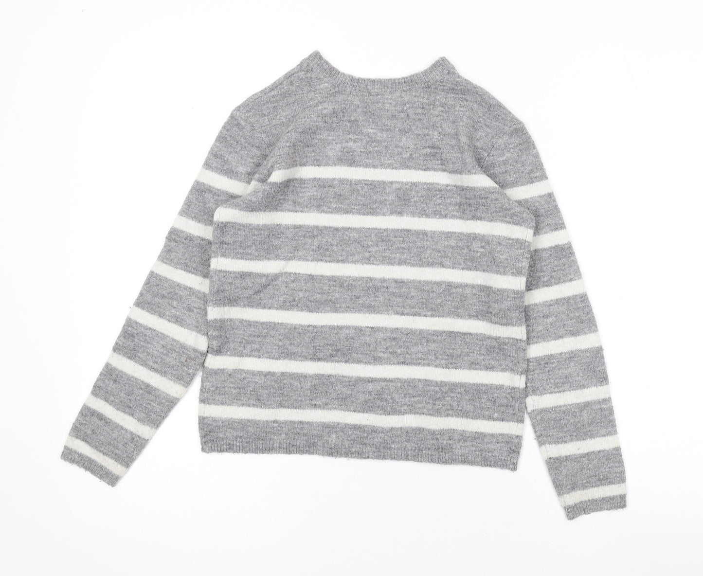 H&M Girls Grey Round Neck Striped Acrylic Pullover Jumper Size 8-9 Years Pullover