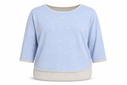 Front view of Phase Eight women’s blue round neck geometric viscose jumper, size M, - star print