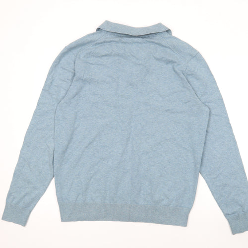 Marks and Spencer Mens Blue Collared Cotton Pullover Jumper Size M Long Sleeve