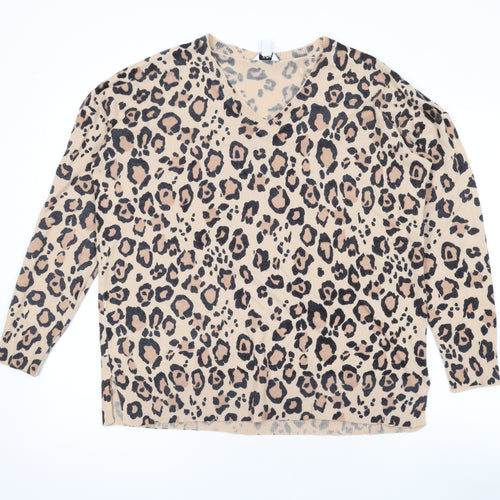M&Co Womens Brown V-Neck Animal Print Acrylic Pullover Jumper Size 12 - Leopard Print