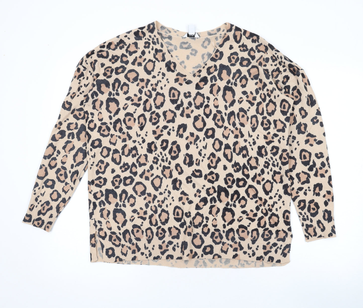 M&Co Womens Brown V-Neck Animal Print Acrylic Pullover Jumper Size 12 - Leopard Print