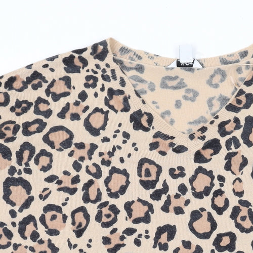 M&Co Womens Brown V-Neck Animal Print Acrylic Pullover Jumper Size 12 - Leopard Print