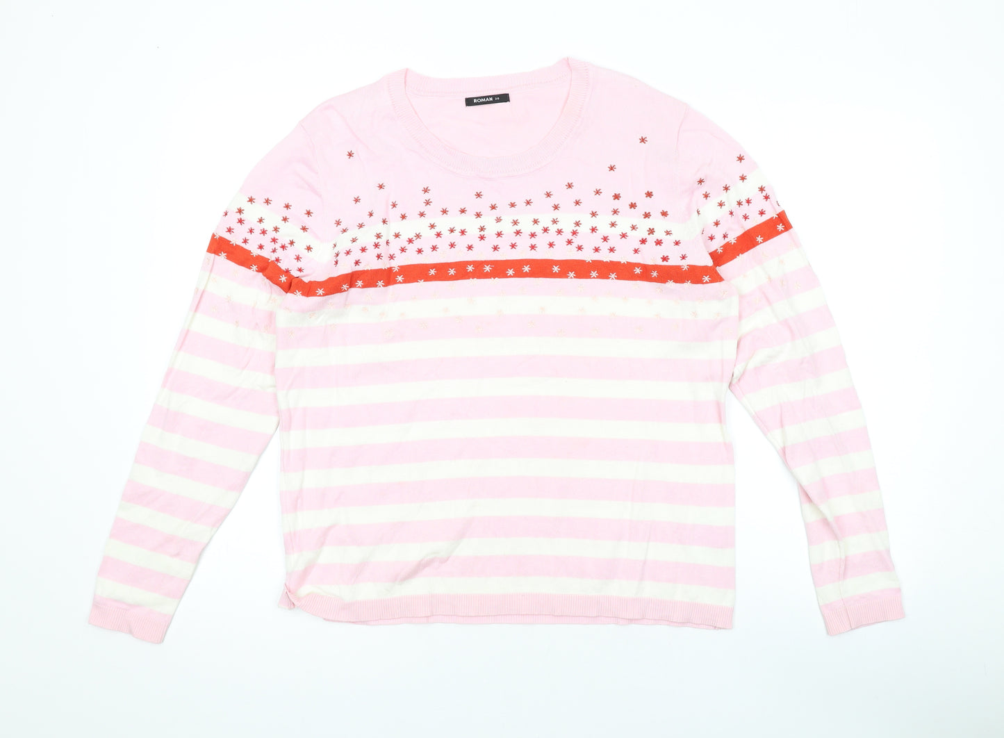 Roman Womens Pink Round Neck Striped Viscose Pullover Jumper Size 20