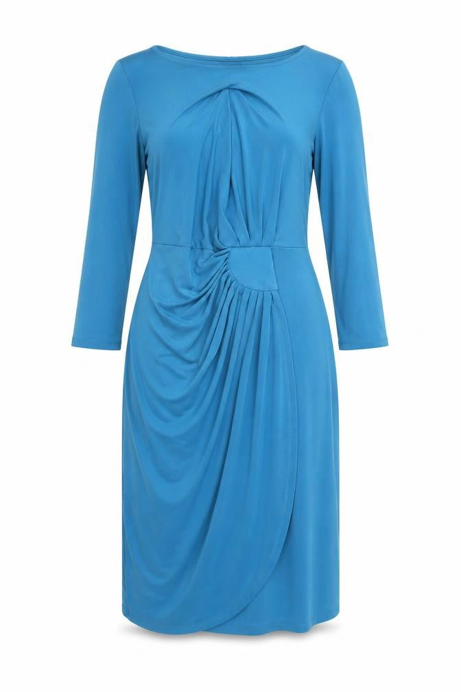 Front view of Damart women’s blue polyester sheath, size UK 12, round neck pullover - ruched