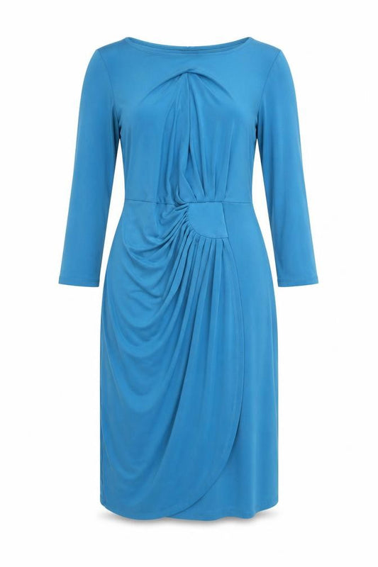 Front view of Damart women’s blue polyester sheath, size UK 12, round neck pullover - ruched