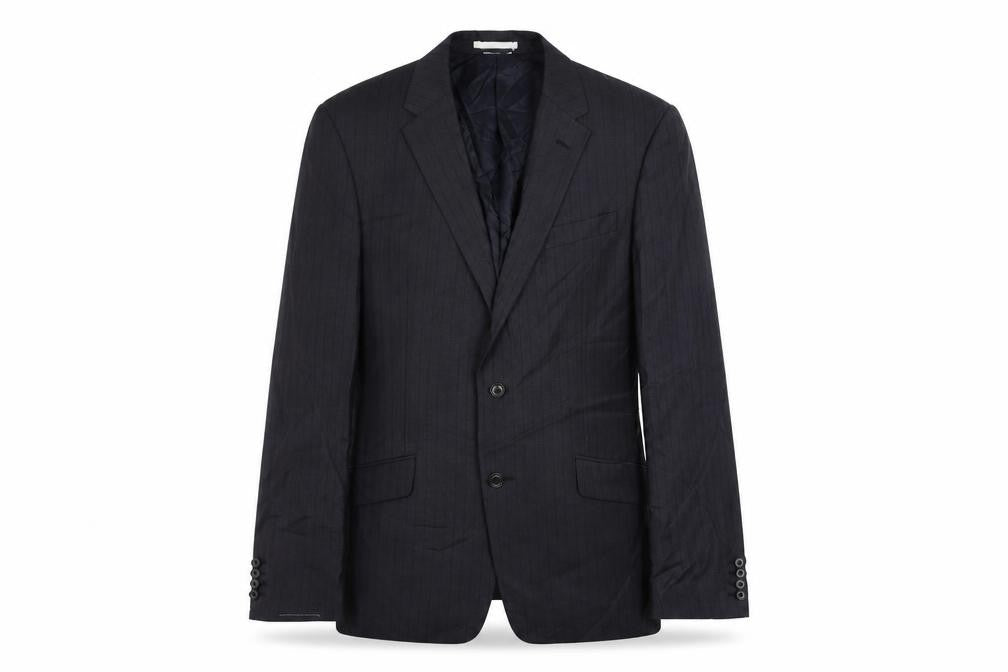 Front view of Marks & Spencer men’s blue striped polyester jacket suit jacket, size 42, regular