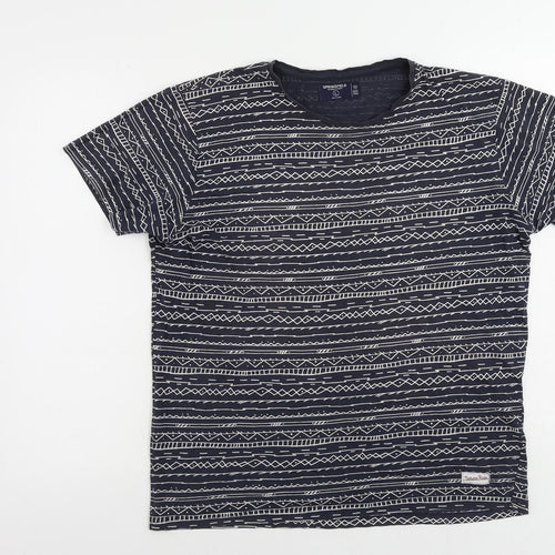 Springfield Womens Blue Geometric Cotton Basic T-Shirt Size L Crew Neck