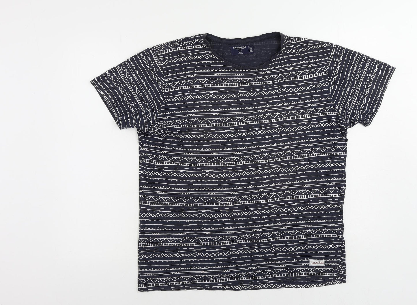 Springfield Womens Blue Geometric Cotton Basic T-Shirt Size L Crew Neck