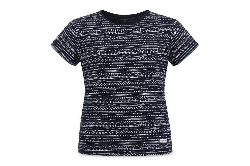 Front view of Springfield women’s blue geometric cotton basic t-shirt, size L, crew neck