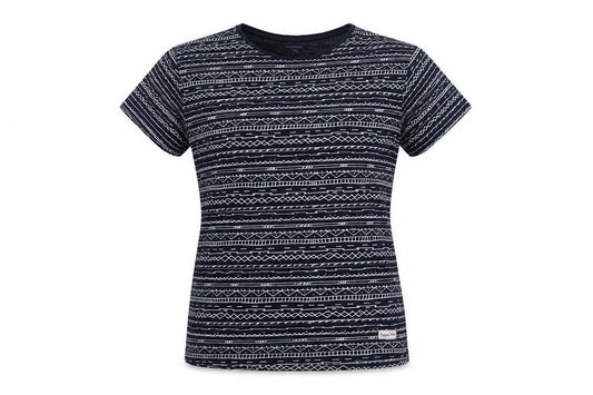 Front view of Springfield women’s blue geometric cotton basic t-shirt, size L, crew neck