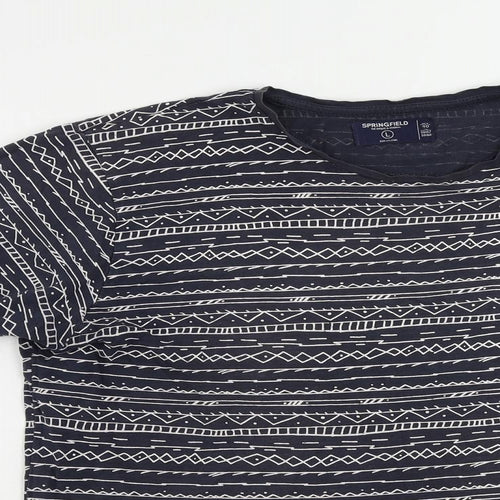 Springfield Womens Blue Geometric Cotton Basic T-Shirt Size L Crew Neck
