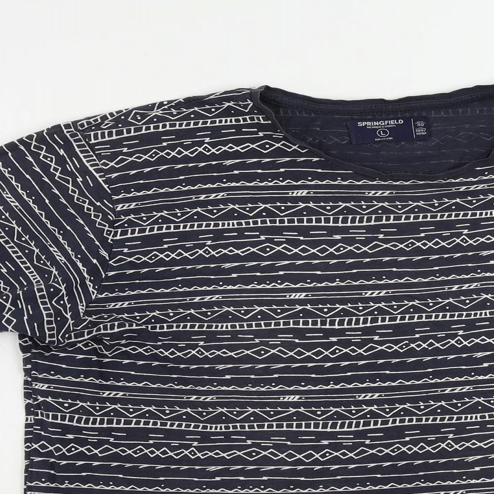 Springfield Womens Blue Geometric Cotton Basic T-Shirt Size L Crew Neck