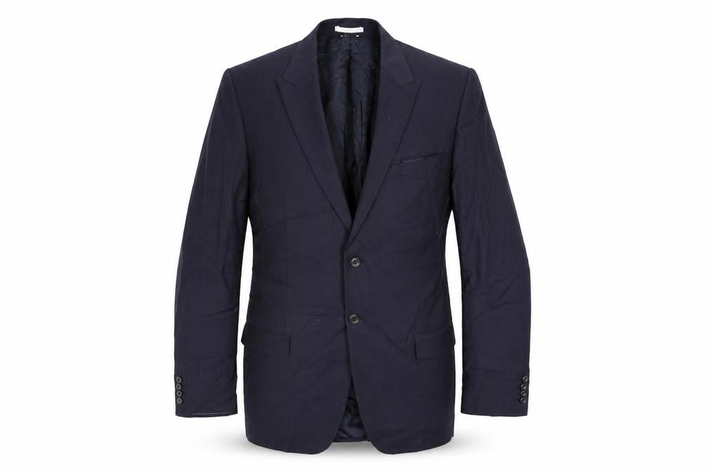 Front view of Marks & Spencer men’s blue striped polyester jacket suit jacket, size 46, regular