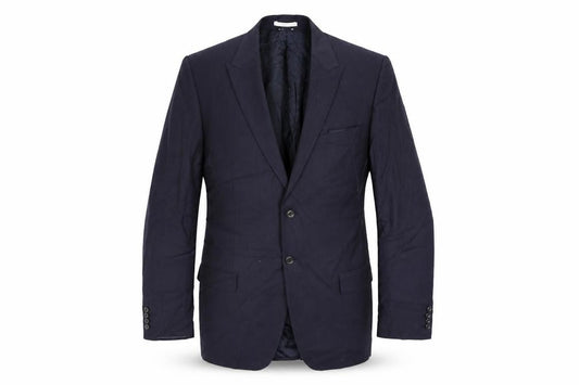Front view of Marks & Spencer men’s blue striped polyester jacket suit jacket, size 46, regular