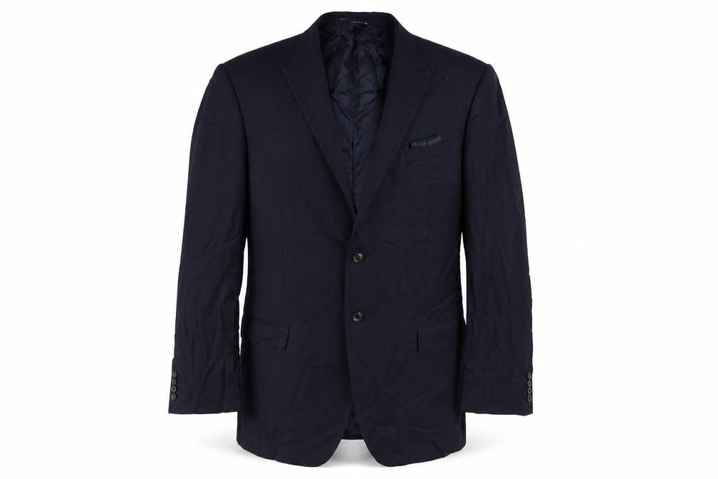 Front view of Marks & Spencer men’s blue striped polyester jacket suit jacket, size 48, regular
