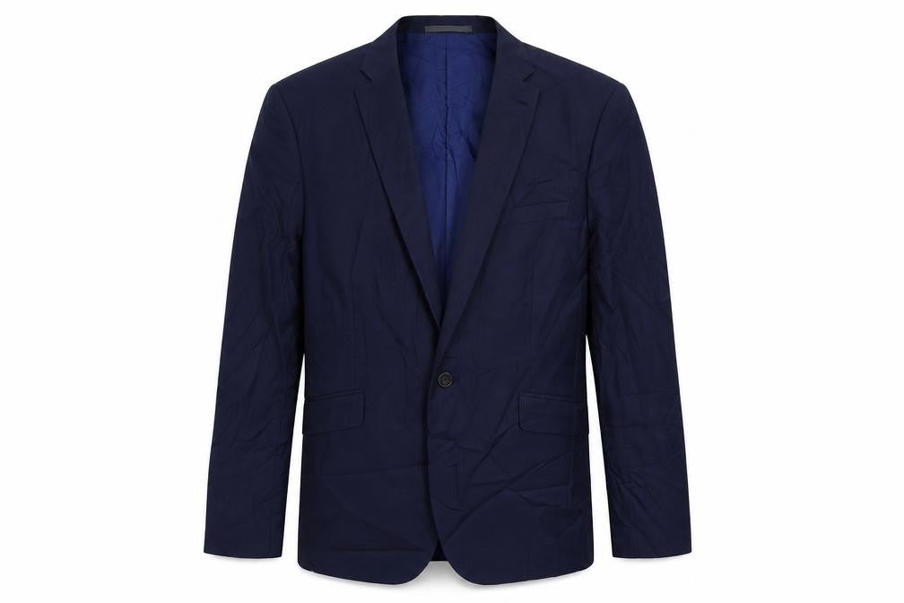 Front view of Marks & Spencer men’s blue polyester jacket suit jacket, size 42, regular