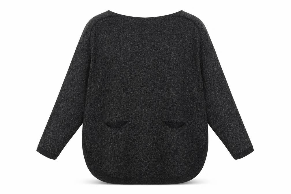 Front view of M&Co women’s black round neck polyamide jumper, size S, - pockets glitter, size S-m
