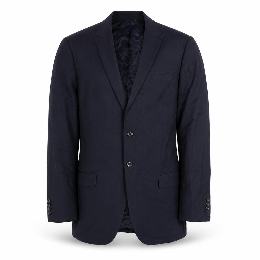 Front view of Marks & Spencer men’s blue striped polyester jacket suit jacket, size 42, regular