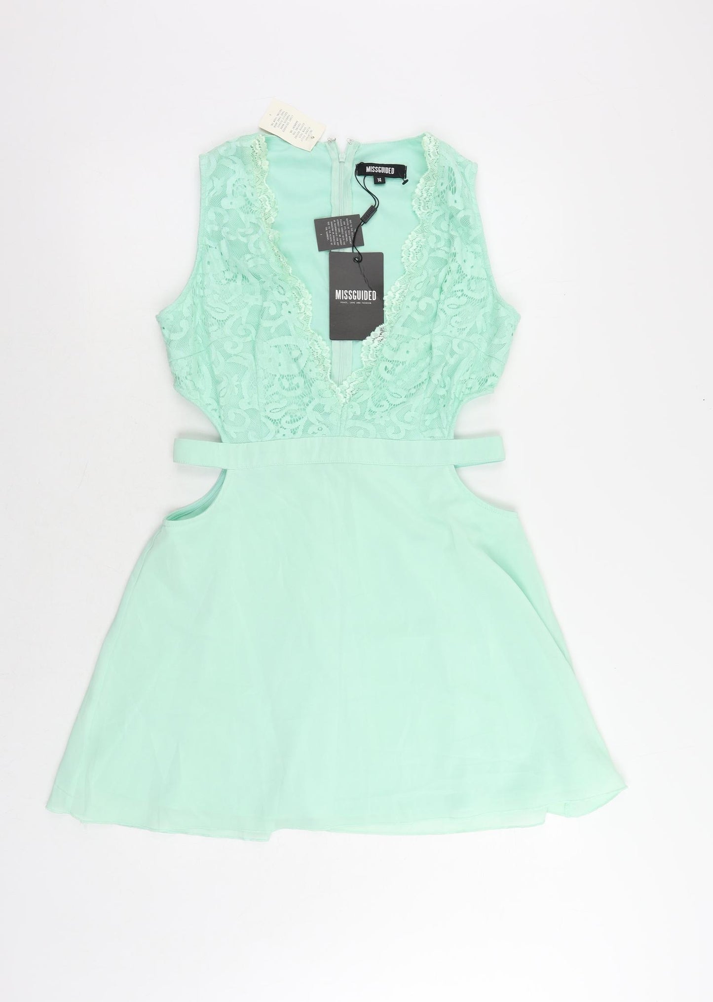 Missguided Womens Green Polyester Mini Size 14 V-Neck Zip - Cut Out