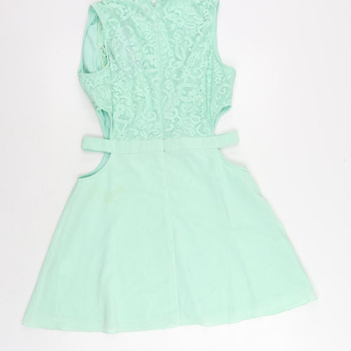 Missguided Womens Green Polyester Mini Size 14 V-Neck Zip - Cut Out