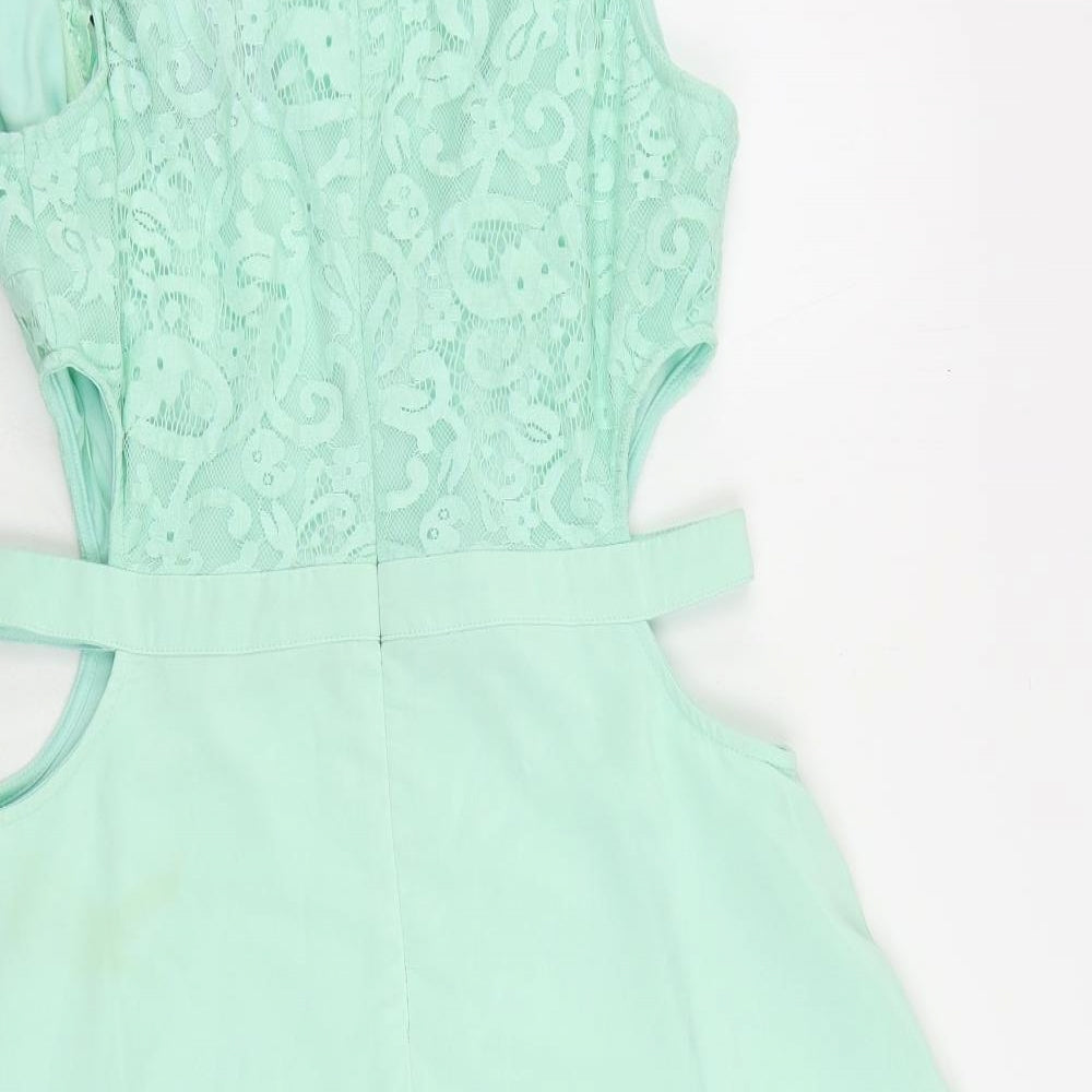 Missguided Womens Green Polyester Mini Size 14 V-Neck Zip - Cut Out