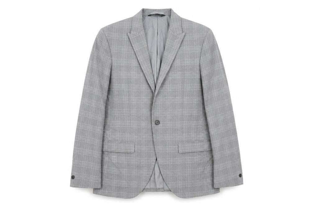 Front view of Marks & Spencer men’s grey plaid polyester jacket suit jacket, size 40, regular