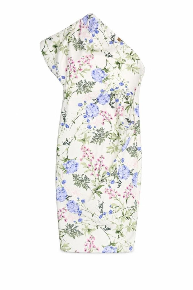 Front view of ASOS women’s ivory floral polyester sheath, size UK 12, one shoulder pullover - ruched