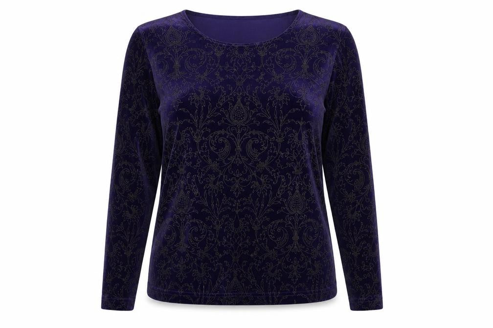 Front view of Emreco women’s purple paisley polyurethane basic blouse, size UK 8, round neck