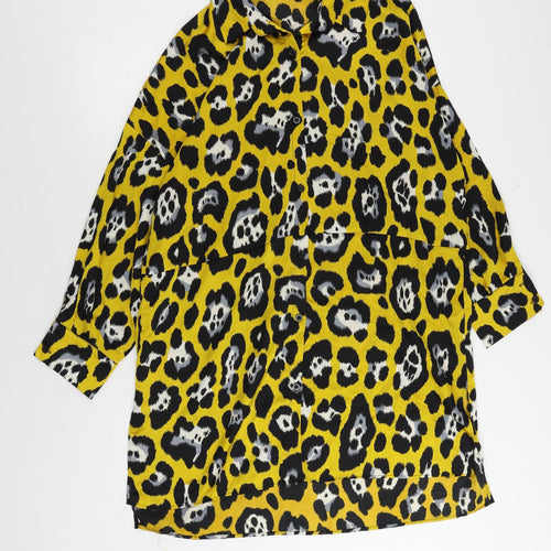 Missguided Womens Yellow Animal Print Polyester Shirt Dress Size 16 Collared Button