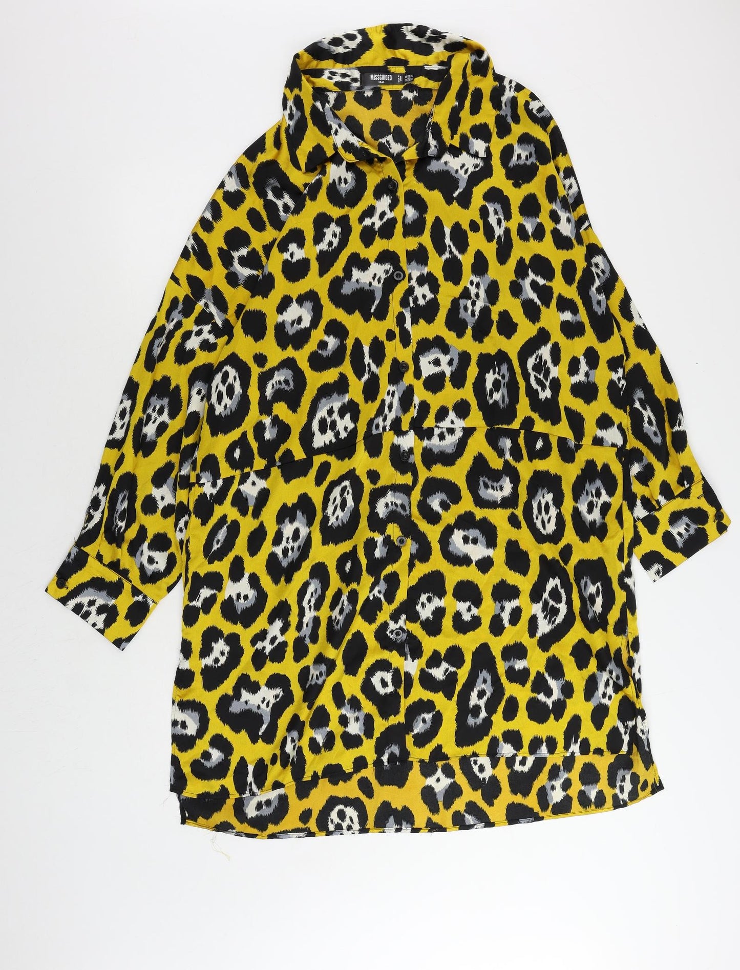 Missguided Womens Yellow Animal Print Polyester Shirt Dress Size 16 Collared Button