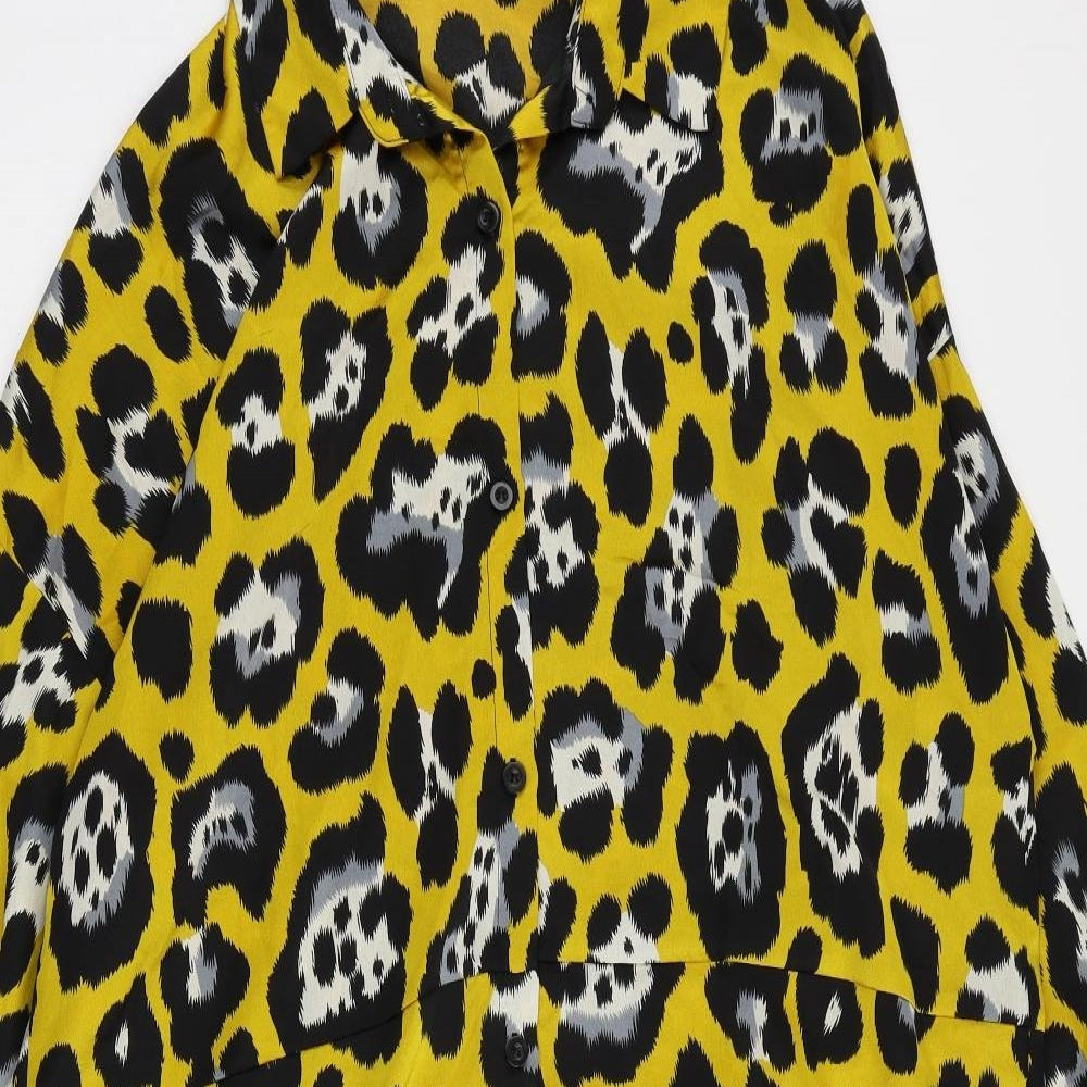 Missguided Womens Yellow Animal Print Polyester Shirt Dress Size 16 Collared Button
