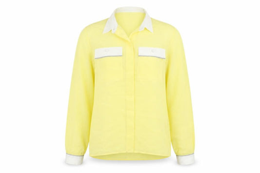 Front view of Planet women’s yellow polyester basic button-up, size UK 8, collared