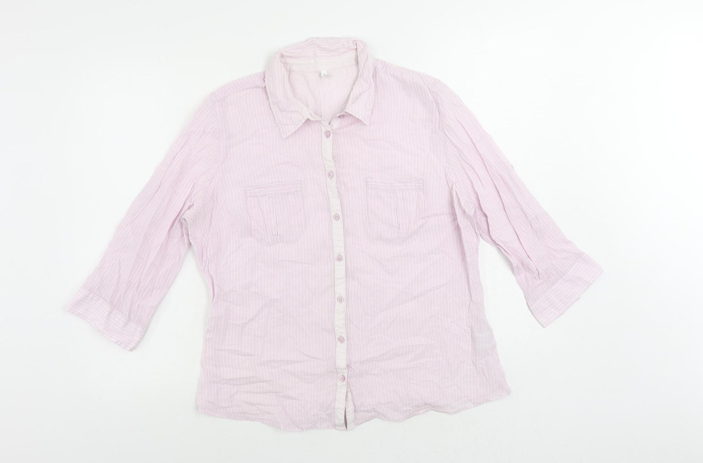 Marks and Spencer Womens Pink Striped Cotton Basic Button-Up Size 16 Collared