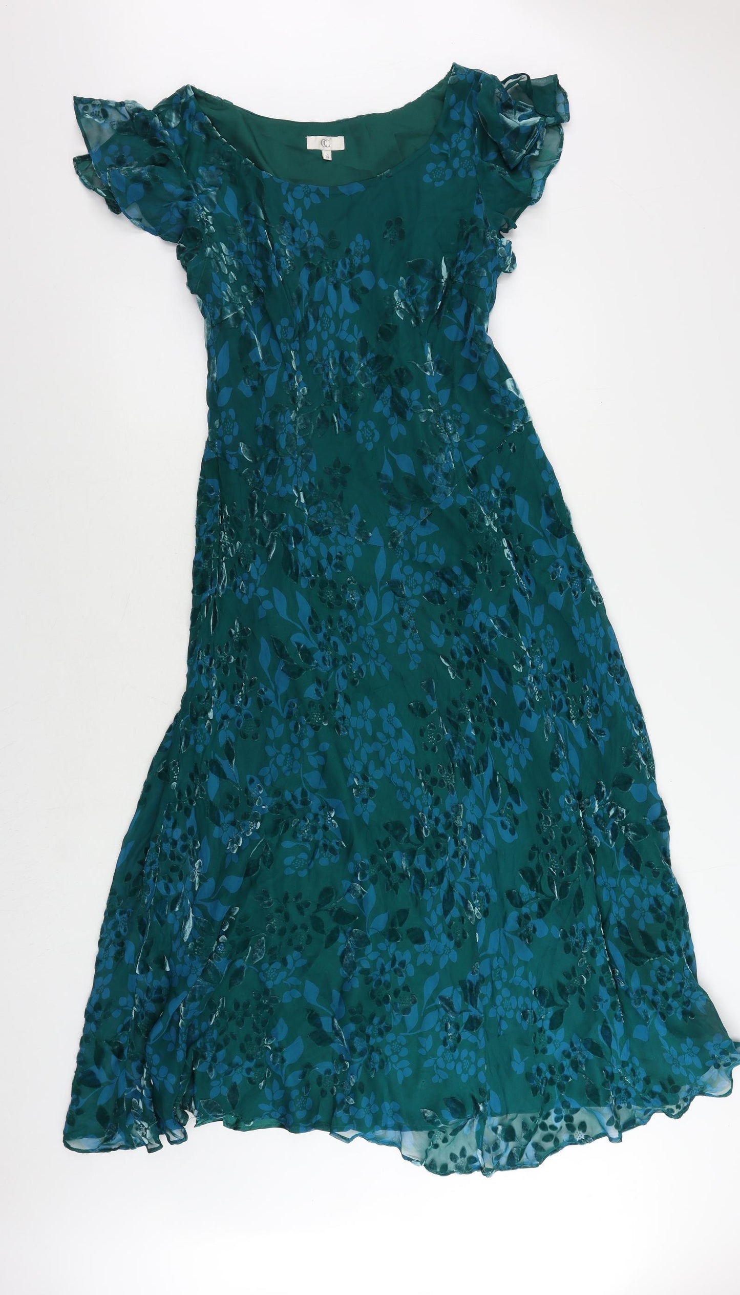 CC Womens Green Floral Silk Maxi Size 14 Boat Neck Pullover - Lined