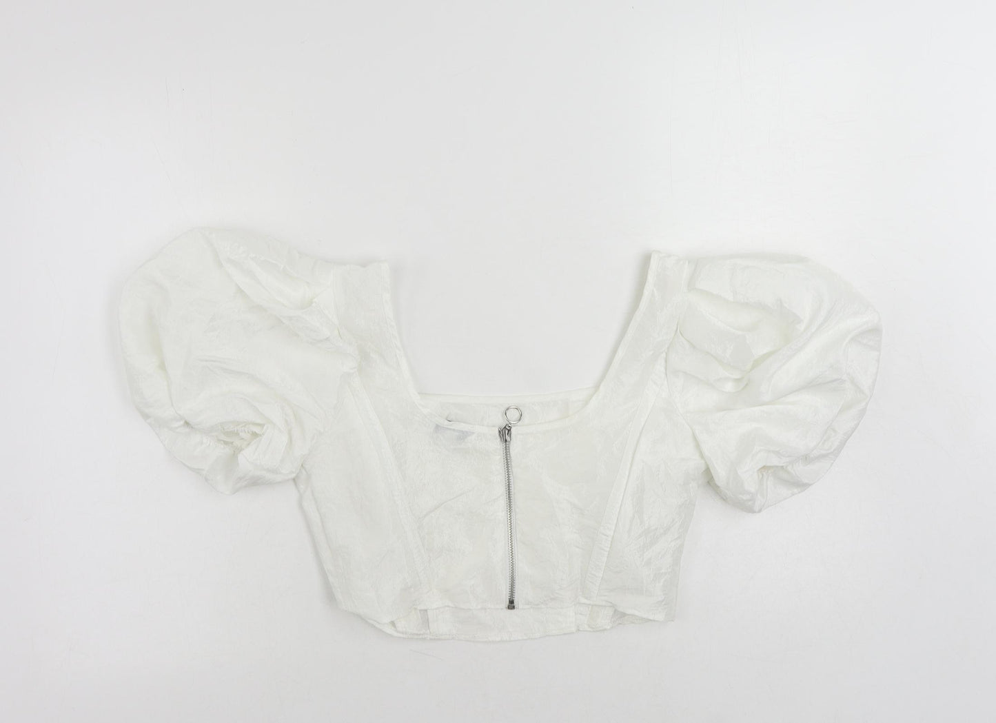 Topshop Womens White Polyester Cropped Blouse Size 8 Square Neck - Puff Sleeve
