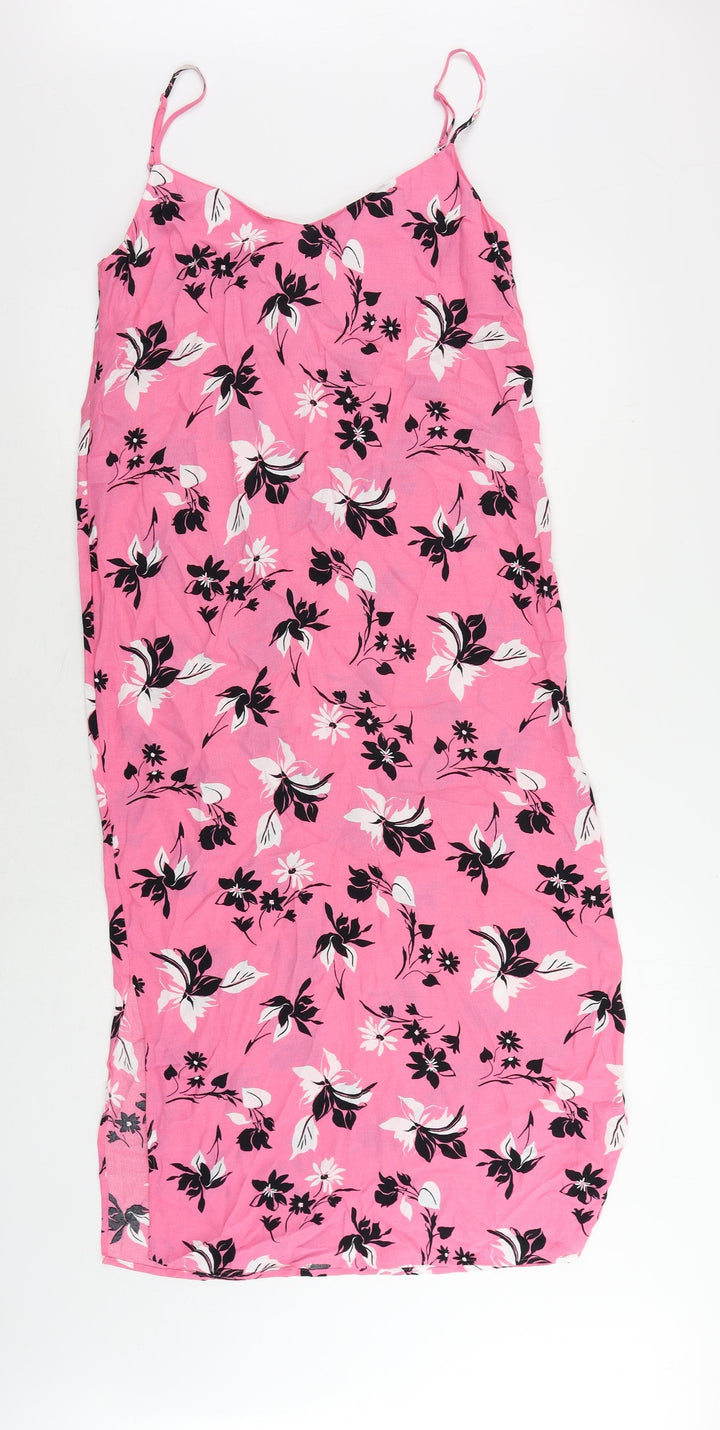 Marks and Spencer Womens Pink Floral Viscose Slip Dress Size 8 V-Neck Zip