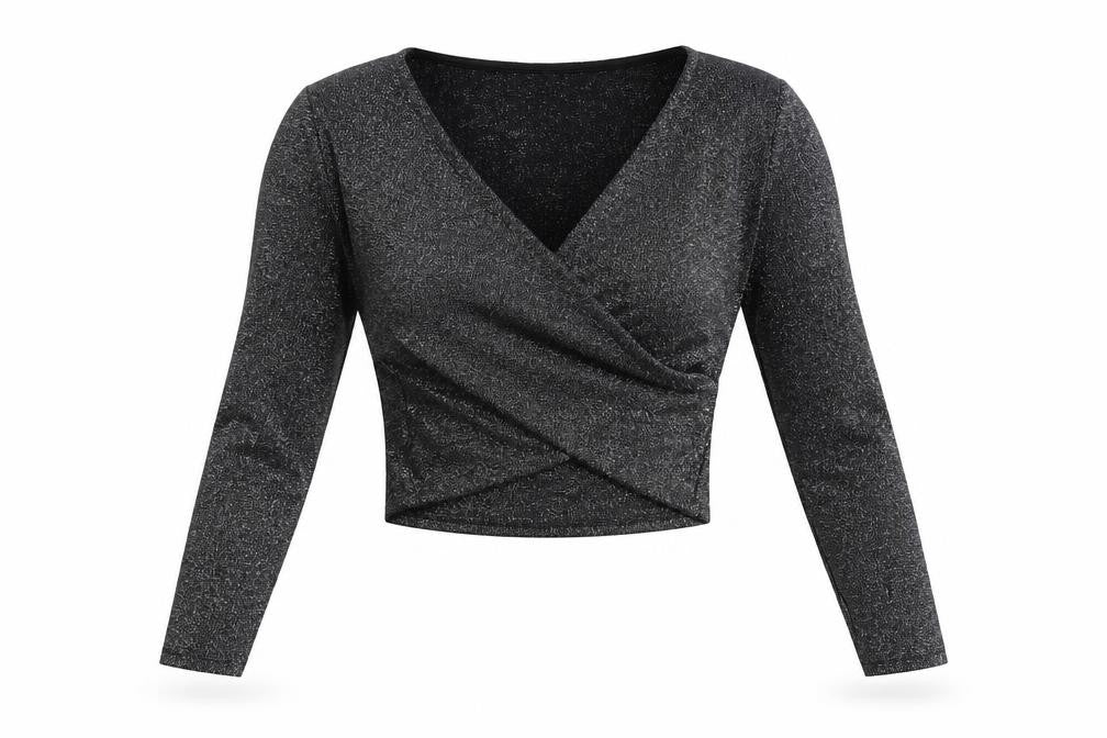 Front view of Divided by H&M women’s black polyamide cropped blouse, size S, v-neck - glitter